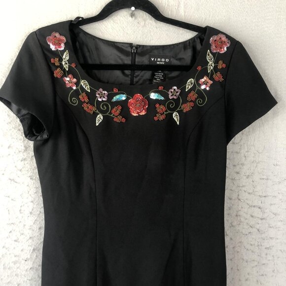 Virgo Petite Dress Womens Size 10 Black Floral Embroidered Beaded Maxi Formal - Picture 2 of 13